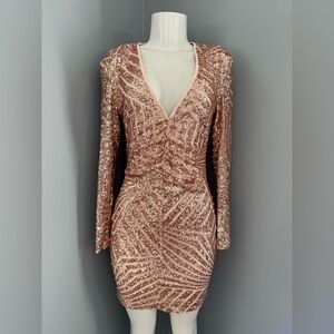 Boohoo Rose Gold Sequin Long Sleeve Dress
